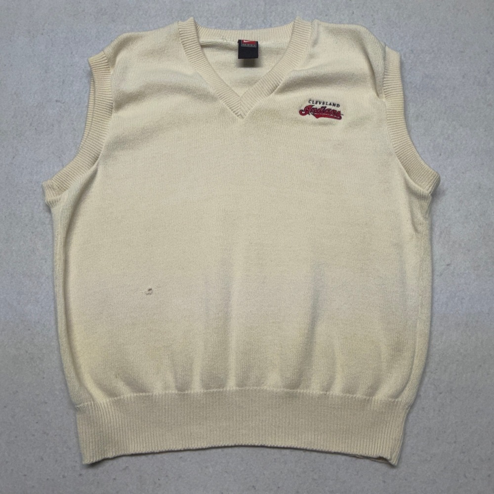 Vintage 90s Nike Team Cleveland Indians Knit Sweater Vest Cream Mens XL USA Made